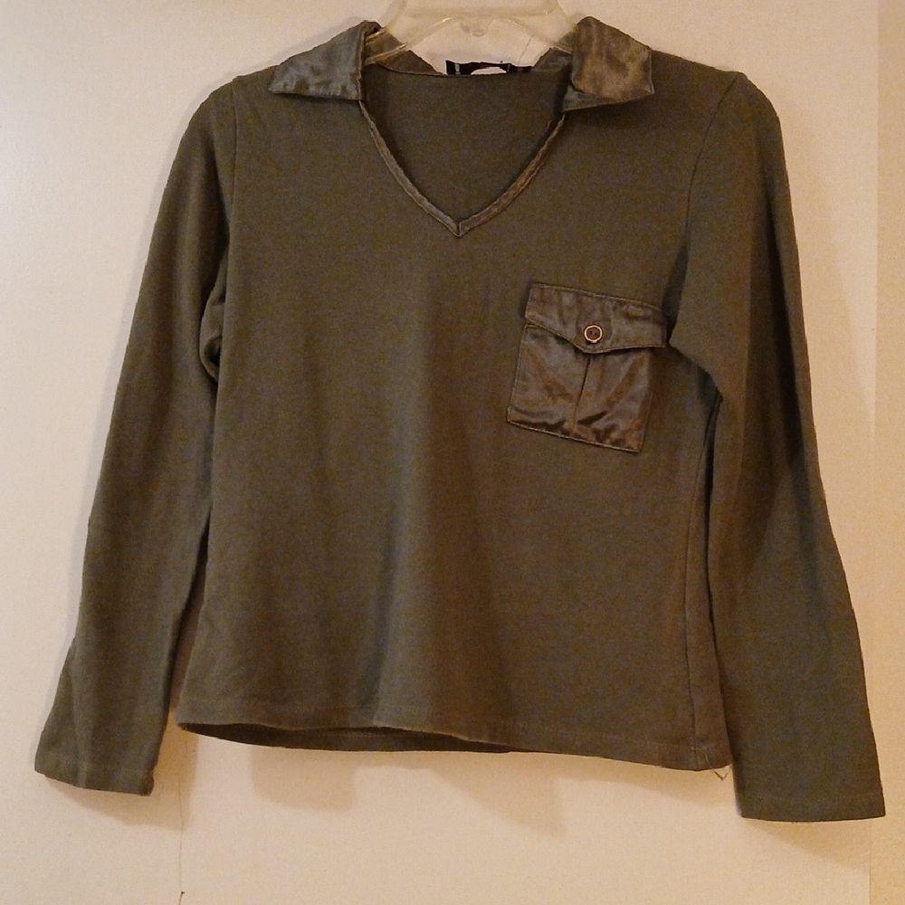 Ninety,  Dark Sage Long Sleeve  Tee, SM COTTON AND SATIN.
